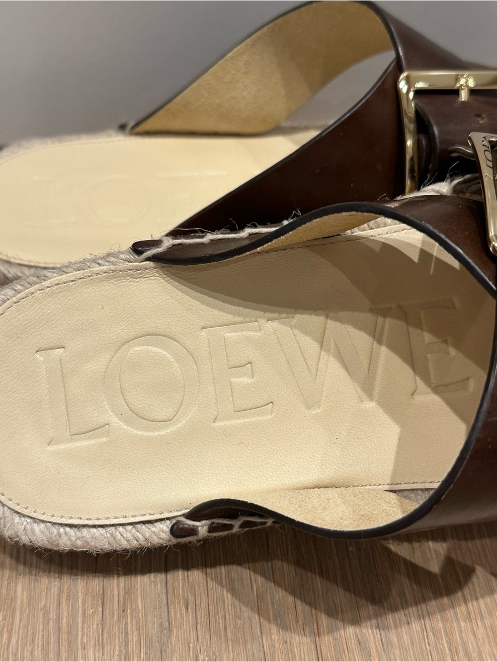 Loewe Petal Brown Espadrille Leather Buckle Slides - Picture 12 of 13